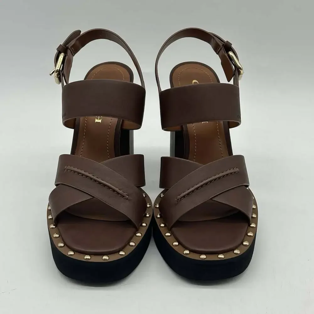 COACH Callie Platform Saddle Brown Leather Strappy Heels Sandals Women's Size 8B
